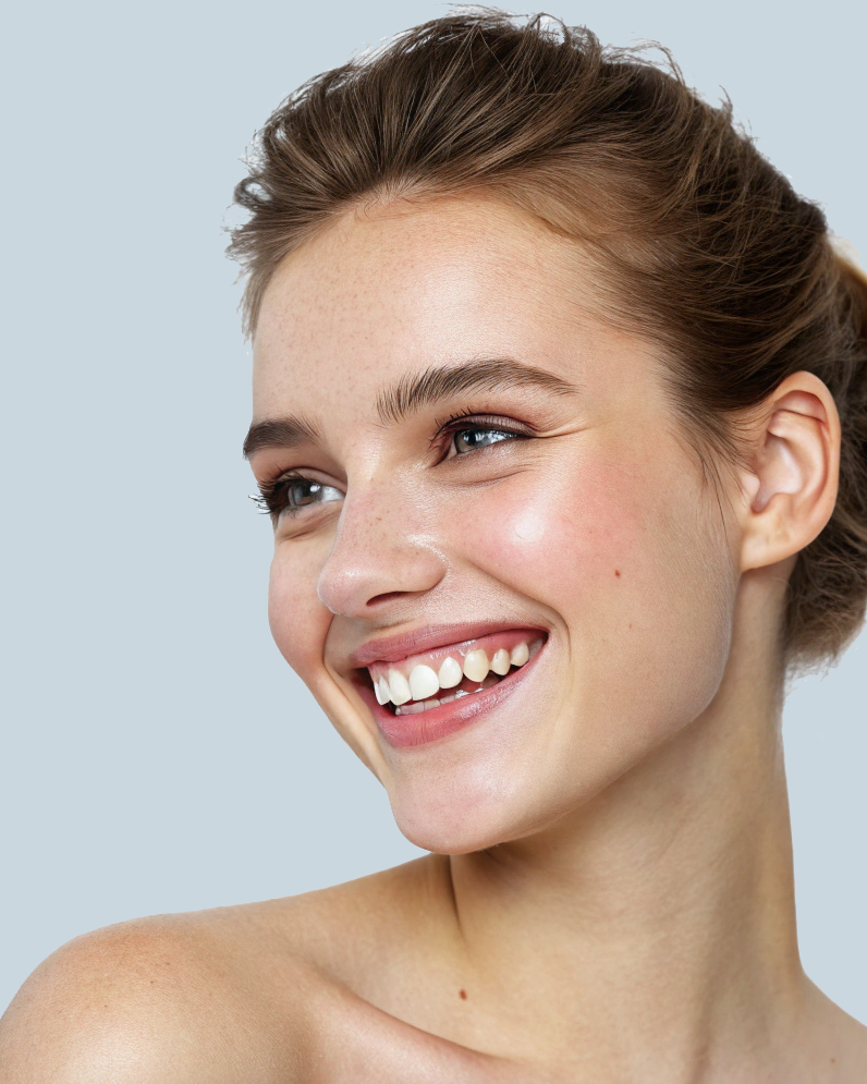 Femme souriante à la peau claire et aux cheveux châtains attachés en arrière, regardant de côté. Elle porte un maquillage minimaliste et a un teint radieux. Le fond est d'un gris clair uni.