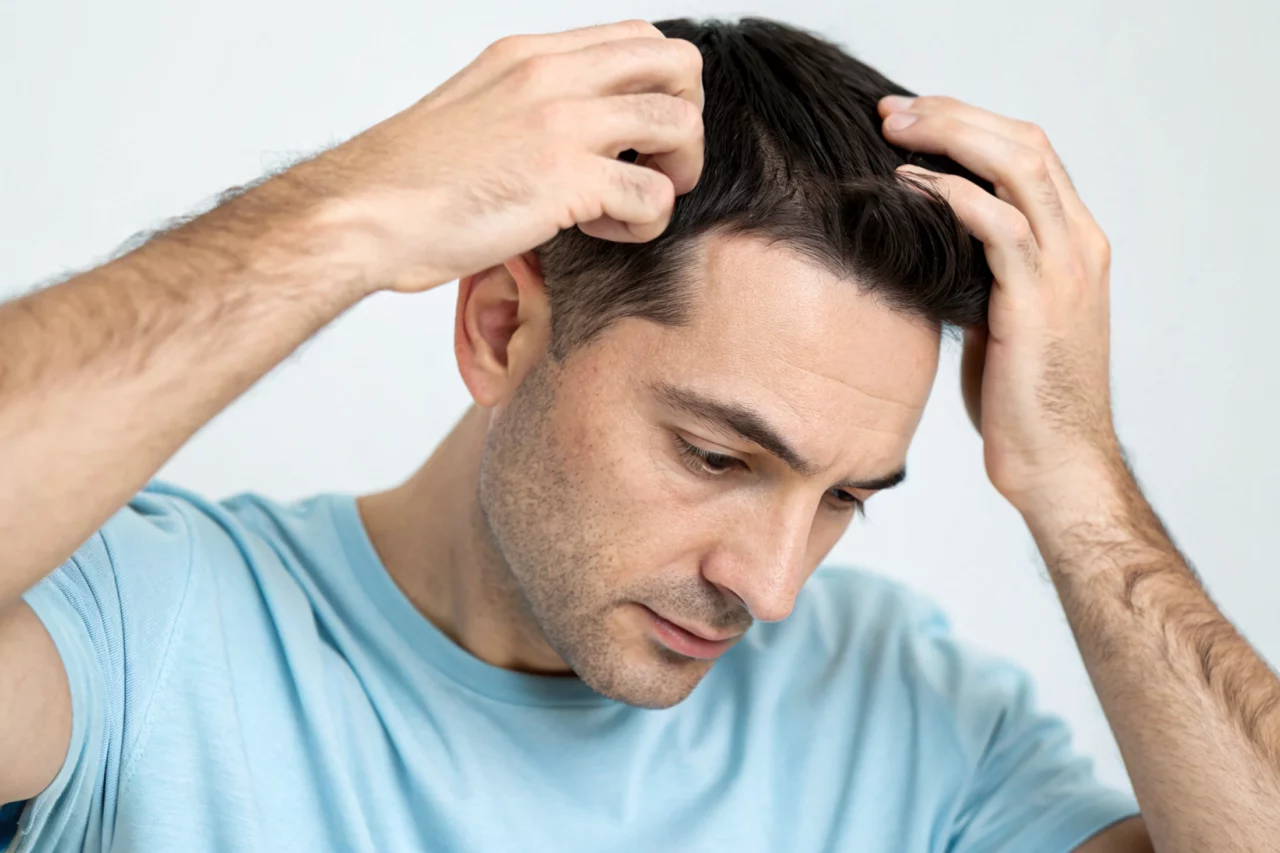 Une personne aux cheveux noirs courts, vêtue d'une chemise bleu clair, regarde vers le bas tout en se touchant la tête des deux mains. L'arrière-plan est uni et clair.