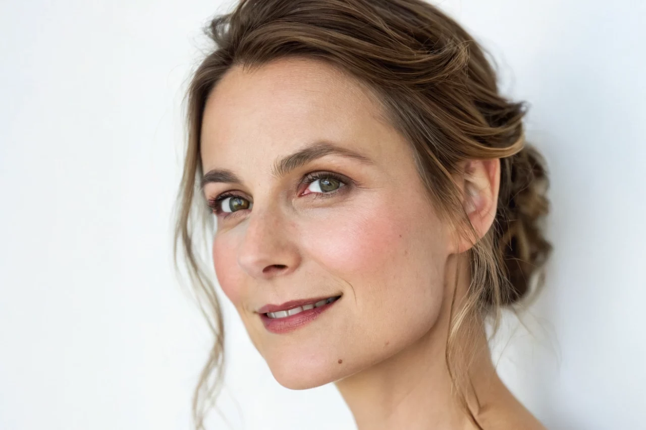 Portrait d'une personne aux cheveux châtain clair relevés, maquillée naturellement et souriant légèrement. Le fond est blanc uni.