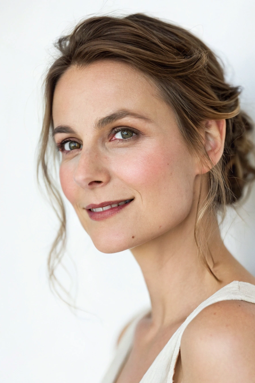 Portrait d'une personne à la peau claire et aux cheveux châtains coiffés en chignon, regardant vers l'objectif avec un léger sourire. L'arrière-plan est uni et clair.