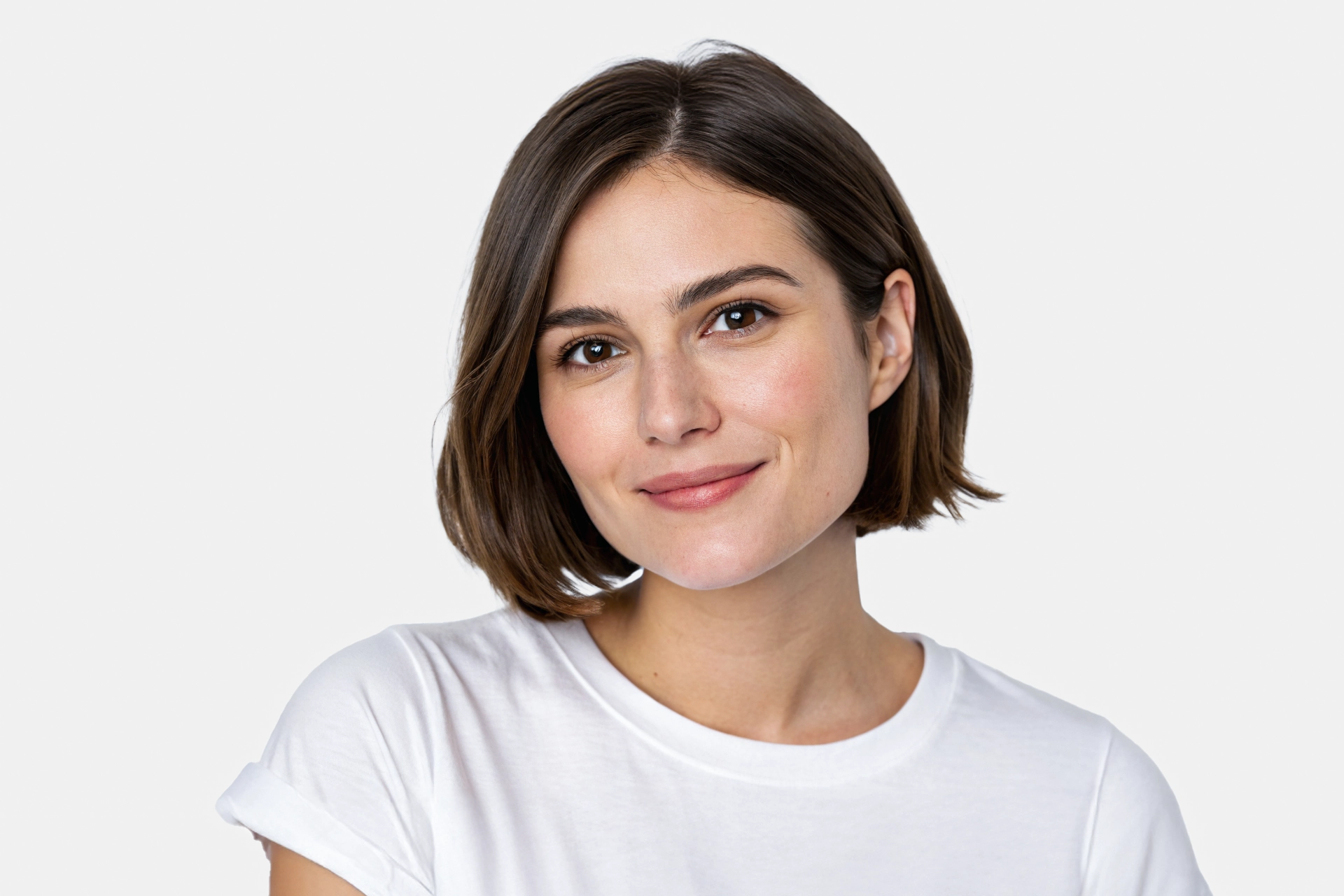 Une personne aux cheveux bruns courts sourit doucement, vêtue d'un t-shirt blanc uni. Le fond est gris clair uni, créant une apparence minimaliste et épurée.