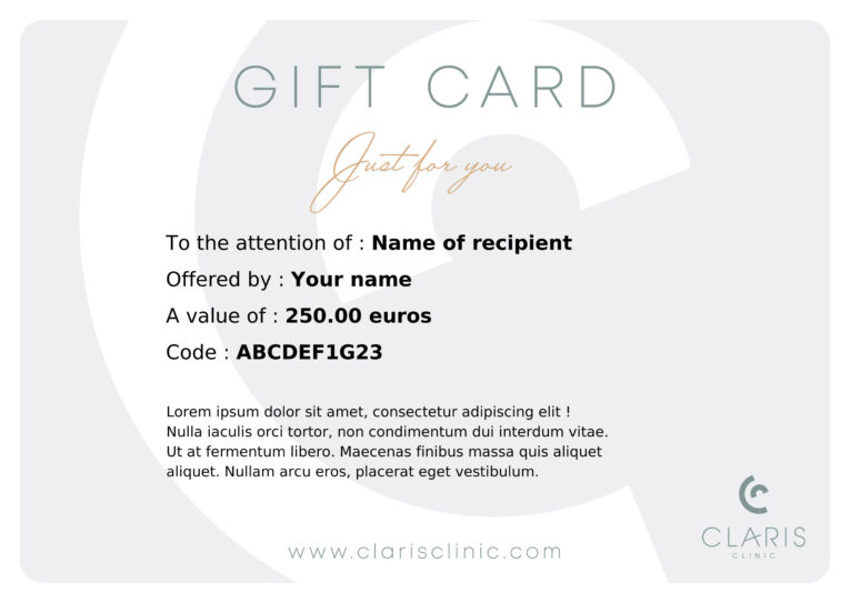 A rectangular Claris Clinic gift card displays fields for recipient name, sender, value of 250 euros, code ABCDEF1G23, placeholder text, and the clinic’s logo and website on a light grey background.