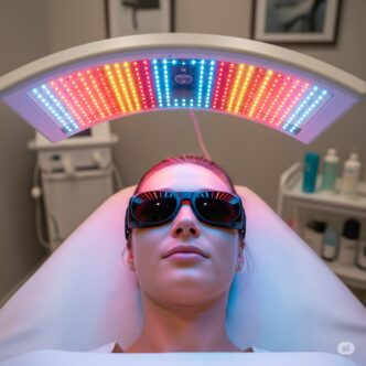 Une personne portant des lunettes de protection est allongée sur un lit de traitement sous un appareil de luminothérapie LED émettant des lumières rouges et bleues dans un environnement clinique. Des produits de soins de la peau et des équipements sont visibles à l'arrière-plan.