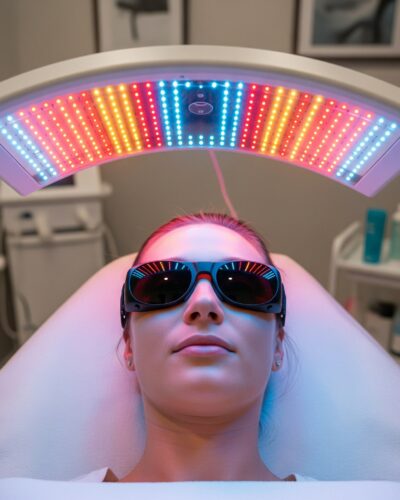 Une personne portant des lunettes de protection est allongée sur un lit de traitement sous un appareil de luminothérapie LED émettant des lumières rouges et bleues dans un environnement clinique. Des produits de soins de la peau et des équipements sont visibles à l'arrière-plan.