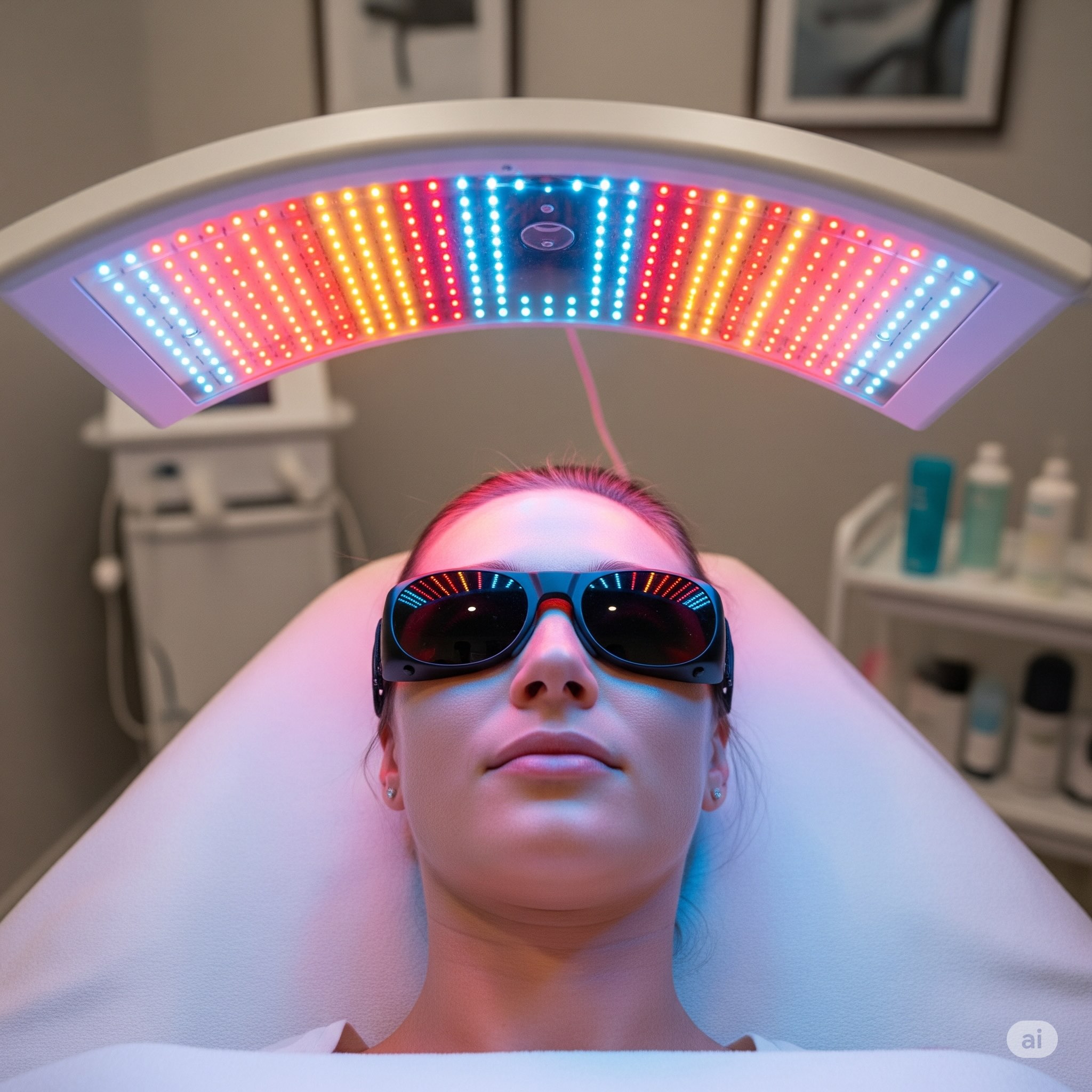 Une personne portant des lunettes de protection est allongée sur un lit de traitement sous un appareil de luminothérapie LED émettant des lumières rouges et bleues dans un environnement clinique. Des produits de soins de la peau et des équipements sont visibles à l'arrière-plan.