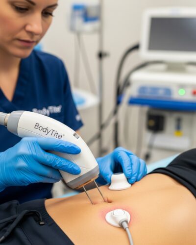 Un professionnel de la santé en blouse bleue et gants utilise un appareil BodyTite sur l'abdomen d'un patient dans une clinique médicale, l'équipement médical étant visible à l'arrière-plan.