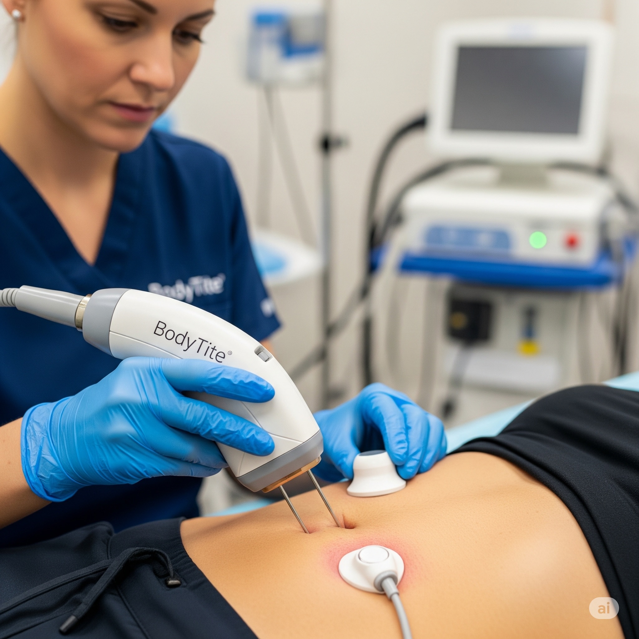 Un professionnel de la santé en blouse bleue et gants utilise un appareil BodyTite sur l'abdomen d'un patient dans une clinique médicale, l'équipement médical étant visible à l'arrière-plan.