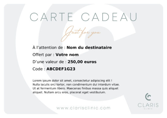 Une carte-cadeau de la clinique Claris comportant des champs pour le nom du destinataire, le nom de l'expéditeur, la valeur du cadeau de 250 euros et un code. Le design est minimaliste avec des tons gris et blancs et un texte de remplacement en bas.