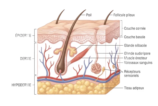 Schéma en coupe de la peau humaine 