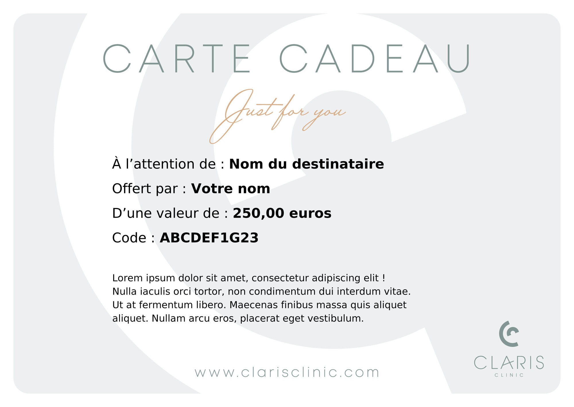 Carte cadeau pour soins esthétiques et chirurgie plastique.