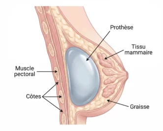 Schéma en coupe d'un sein montrant les parties étiquetées : prothèse (implant), tissu mammaire (tissu mammaire), muscle pectoral (muscle pectoral), côtes (côtes) et graisse (graisse).