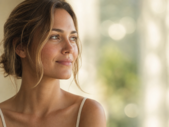 Une femme aux cheveux châtain clair, tirés en arrière, avec quelques mèches qui encadrent son visage, regarde sur le côté et esquisse un léger sourire. Elle porte un haut sans manches de couleur claire. L'arrière-plan est légèrement flou.