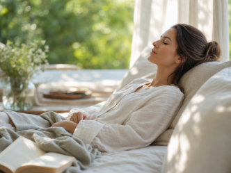 Une femme vêtue d'une chemise blanche est allongée sur un canapé, les yeux fermés ; elle semble détendue. Un livre ouvert est posé à côté d'elle, et la lumière du soleil pénètre à flots par une fenêtre derrière laquelle on aperçoit de la verdure.