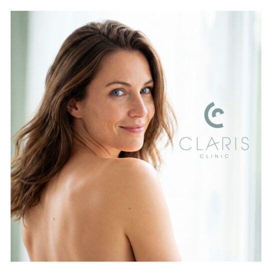 Une femme aux longs cheveux bruns et aux yeux bleus regarde par-dessus son épaule nue et sourit à la caméra. Le logo de la clinique Claris apparaît à sa droite sur un fond clair et flou.