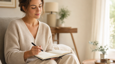 Une femme est assise sur un canapé dans une pièce bien éclairée ; elle porte un pull beige clair et écrit dans un cahier. À l'arrière-plan, on aperçoit une table sur laquelle se trouvent une plante et une lampe.
