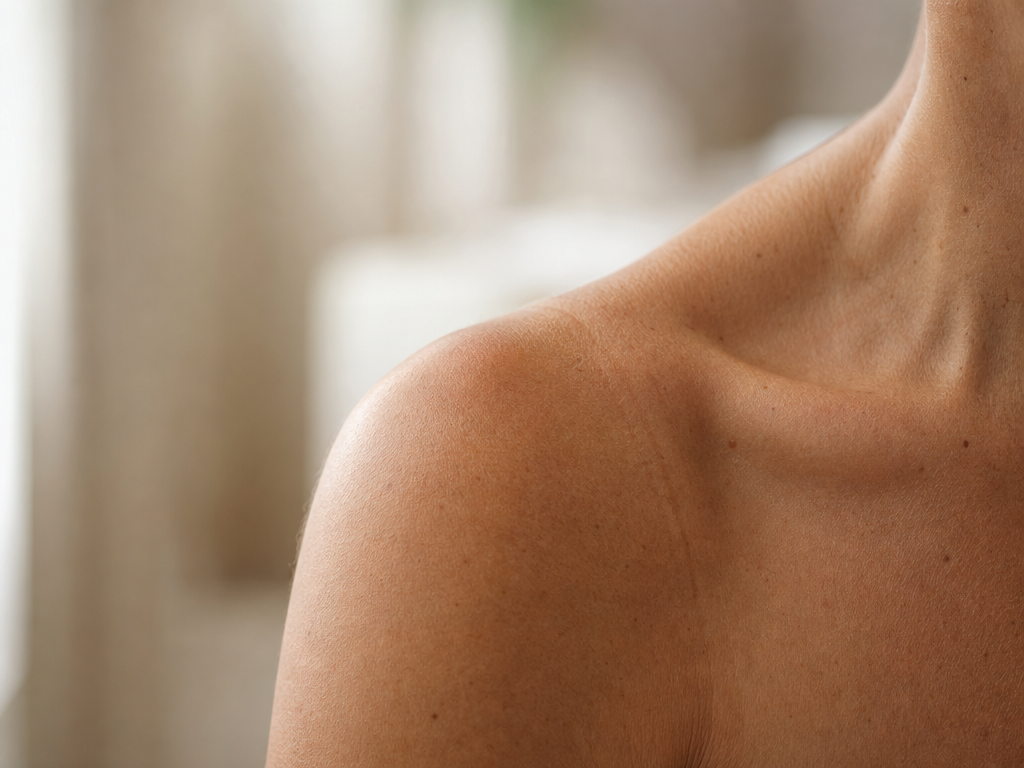 Gros plan sur l'épaule et la clavicule nues d'une personne, avec une marque de bronzage visible. Le teint est clair à moyen et l'arrière-plan est légèrement flou, dans des tons neutres.