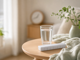 Un verre d'eau et un pilulier hebdomadaire blanc sont posés sur une table ronde en bois, à côté d'une plante en pot verte et d'un tissu vert plié, avec une horloge floue en arrière-plan.