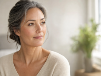 Une femme aux cheveux gris tirés en arrière, vêtue d'un pull beige, regarde sur le côté avec un air serein. L'arrière-plan est légèrement flou et laisse entrevoir une plante verte ainsi que des tons neutres.