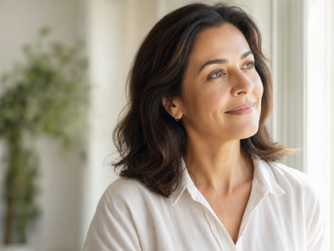 Une femme aux cheveux foncés mi-longs, vêtue d'un chemisier blanc, regarde par la fenêtre avec un léger sourire. Une douce lumière naturelle illumine son visage. On aperçoit, en arrière-plan, une plante verte floue.