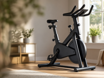 Un vélo d'appartement noir est installé dans une pièce lumineuse dotée d'un parquet, d'un tapis beige et de plantes posées sur une étagère près de la fenêtre. La lumière du soleil pénètre à flots, illuminant la pièce.