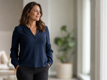 Une femme aux longs cheveux châtains se tient à l'intérieur, près d'une fenêtre lumineuse. Elle porte un chemisier bleu foncé et un pantalon noir, les mains dans les poches. Elle regarde par la fenêtre et esquisse un léger sourire. On aperçoit une plante en pot à l'arrière-plan.