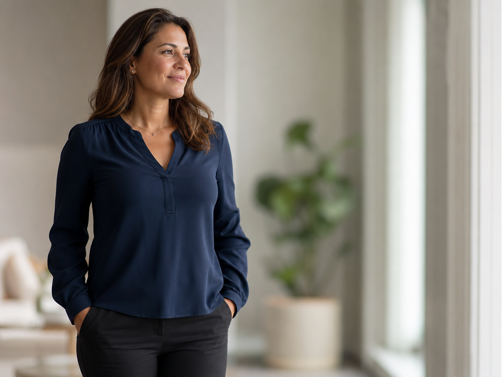 Une femme aux longs cheveux châtains se tient à l'intérieur, près d'une fenêtre lumineuse. Elle porte un chemisier bleu foncé et un pantalon noir, les mains dans les poches. Elle regarde par la fenêtre et esquisse un léger sourire. On aperçoit une plante en pot à l'arrière-plan.