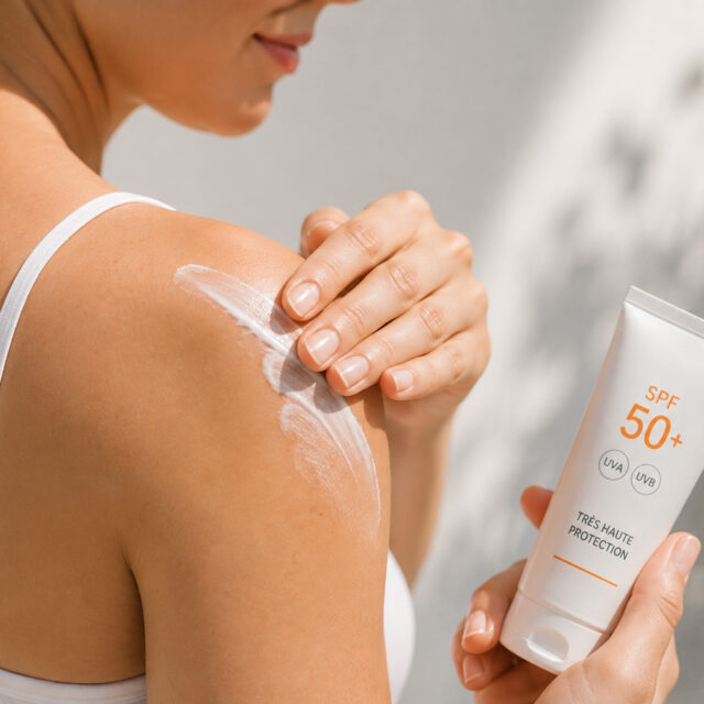Une personne vêtue d'un débardeur blanc applique de la crème solaire SPF 50+ sur son épaule. Elle tient le tube de crème solaire dans une main, tandis que de l'autre, elle étale la crème sur sa peau exposée à la lumière du jour.