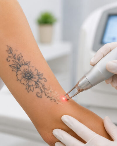Une personne subit une séance de détatouage au laser sur l'avant-bras, où figure un tatouage floral. Un technicien, muni de gants, tient l'appareil laser, tandis que du matériel médical est visible à l'arrière-plan.