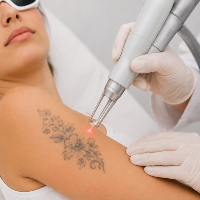 Une personne portant des lunettes de protection subit un traitement de détatouage au laser sur le haut du bras, tandis qu'un technicien utilise un appareil laser portatif sur un tatouage floral.