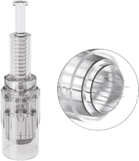 Cartouche d'aiguilles stérile pour stylo de microneedling, vue d'ensemble et détail