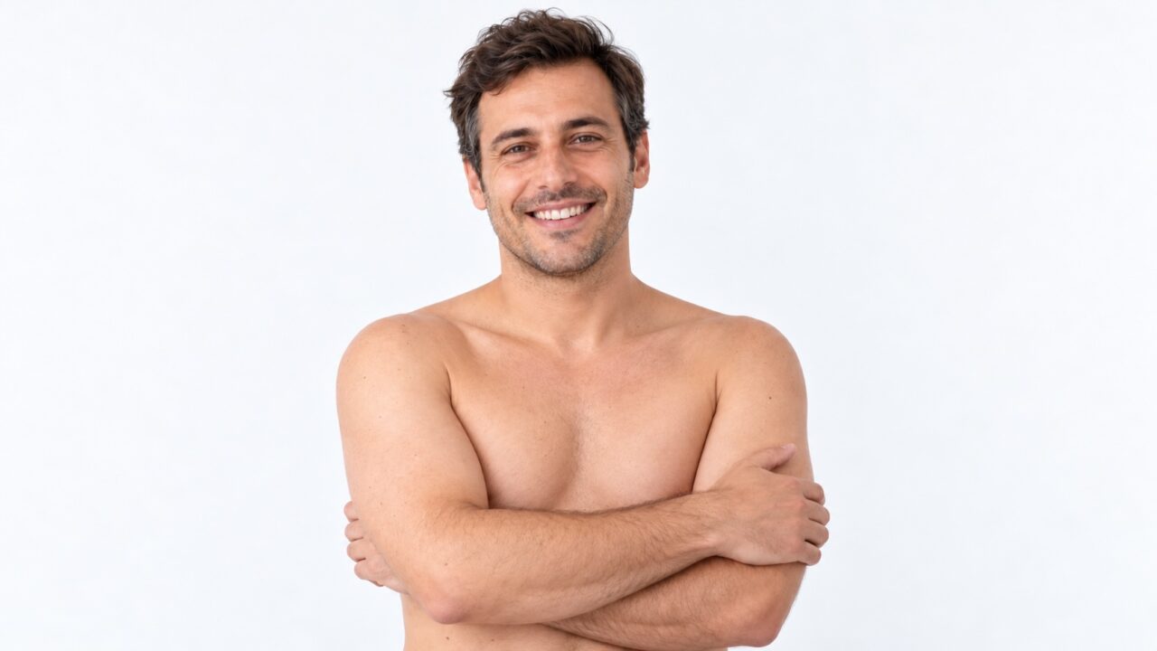 Homme torse nu les bras croisés, illustration de la gynécomastie