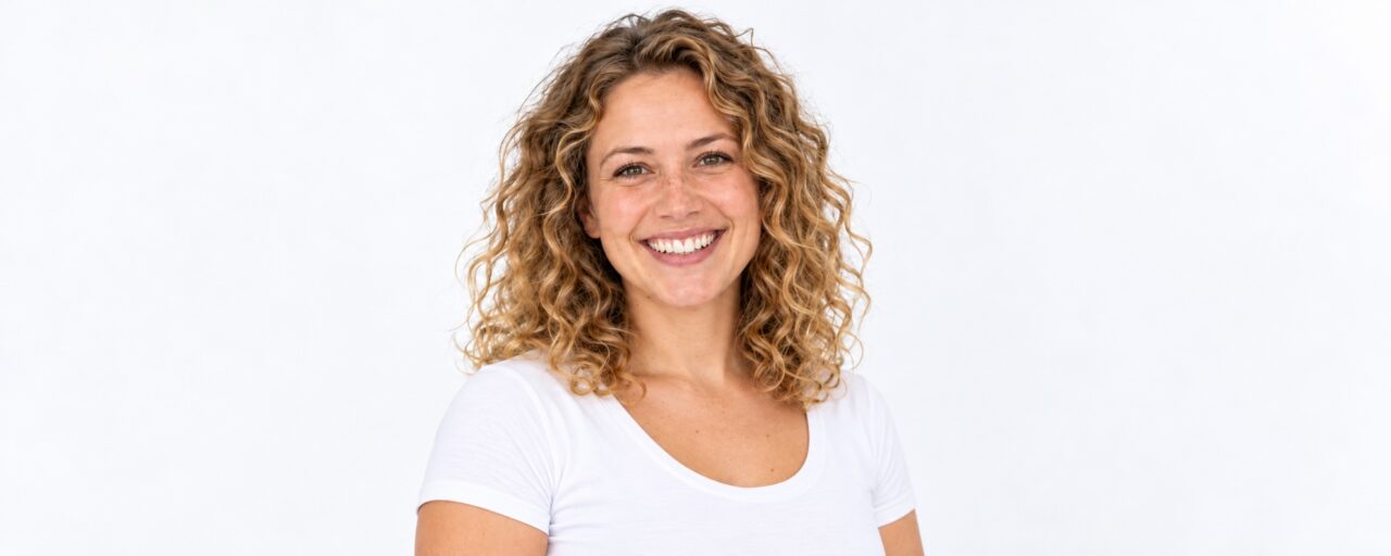Femme aux cheveux bouclés en t-shirt blanc, lipofilling fessier (BBL)